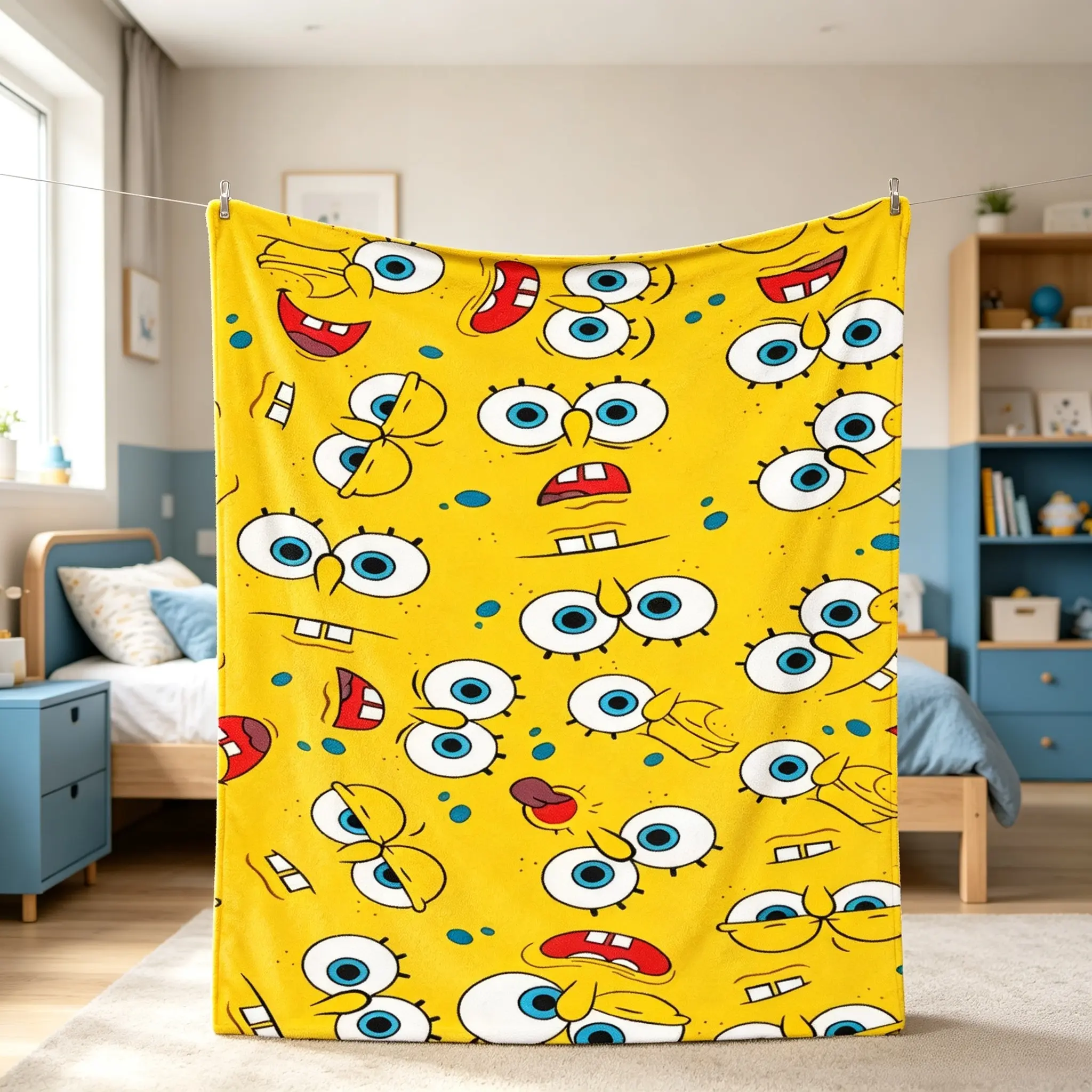 SpongeBob Tiny Yellow Eyes Printed Tiles Blanket, Warm Plush Skin-Friendly Flannel Bedding Throw, Multi-Purpose Indoors-Outdoors Playful Art Cover for Kids Living Room Bed