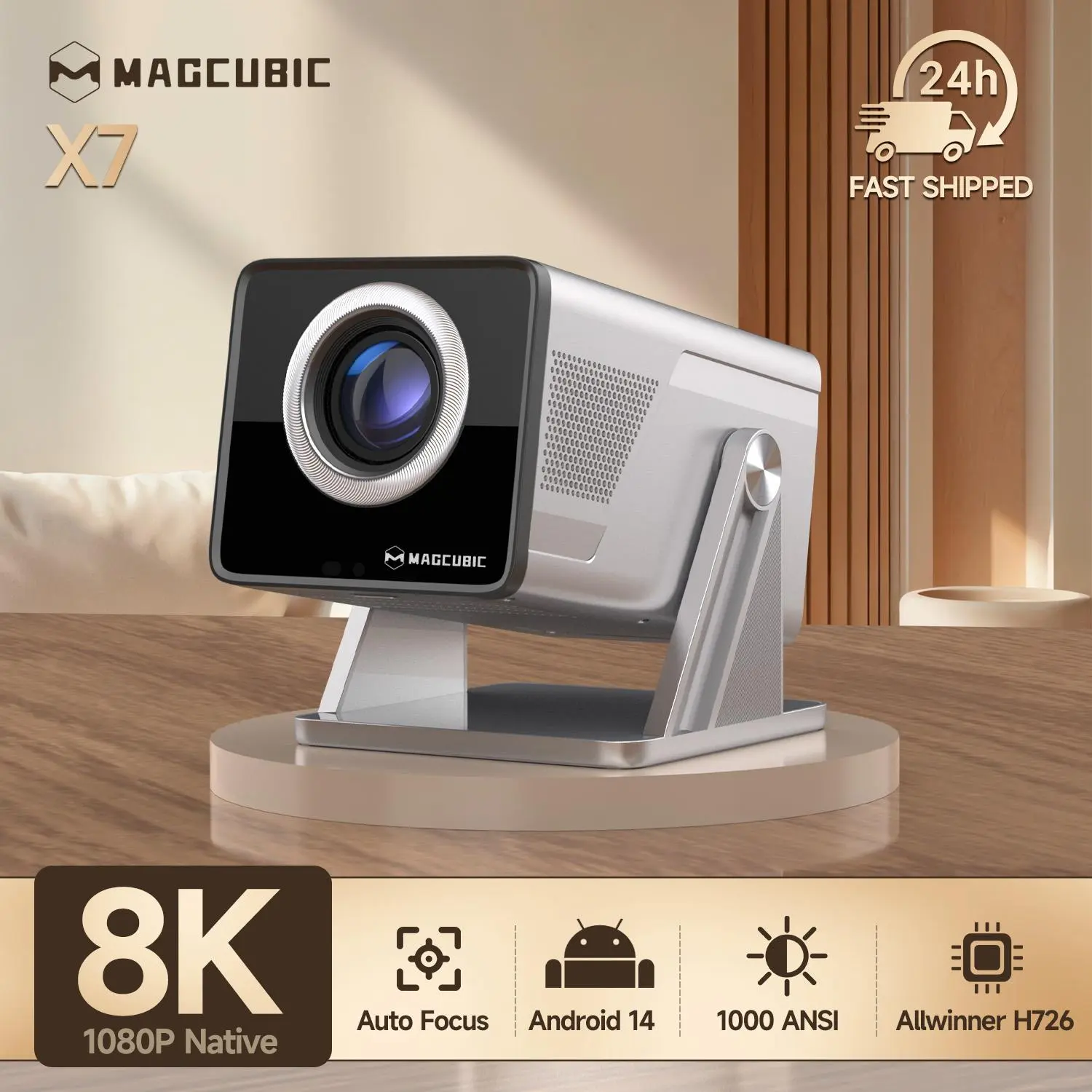 Magcubic X7 1000ANSI Projector Auto Focus 8K 4K Decode Android 14.0 Built-In HiFi Speaker Auto Obstacle Avoidance & Fully Keystone Correction Dual WiFi6 BT5.4 Native 1080P 180° Rotatable Allwinner H726 Home Cinema MovieNight #TikTokShopBackToSchool