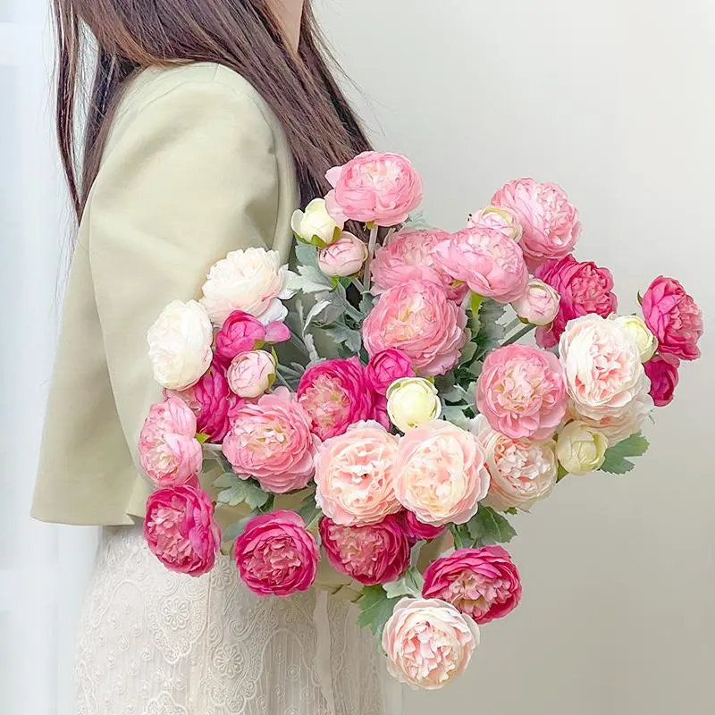 Time Tale Decorative Realistic Look Artificial Peony Bouquet - Silk Fabric Stems (20 Bendable 50cm, 60 Flower Heads), Auspicious Floral Decor for Daily Room, Wedding Vase Arrangements, Photorealism, 3D Bouquet Artificial Flowers
