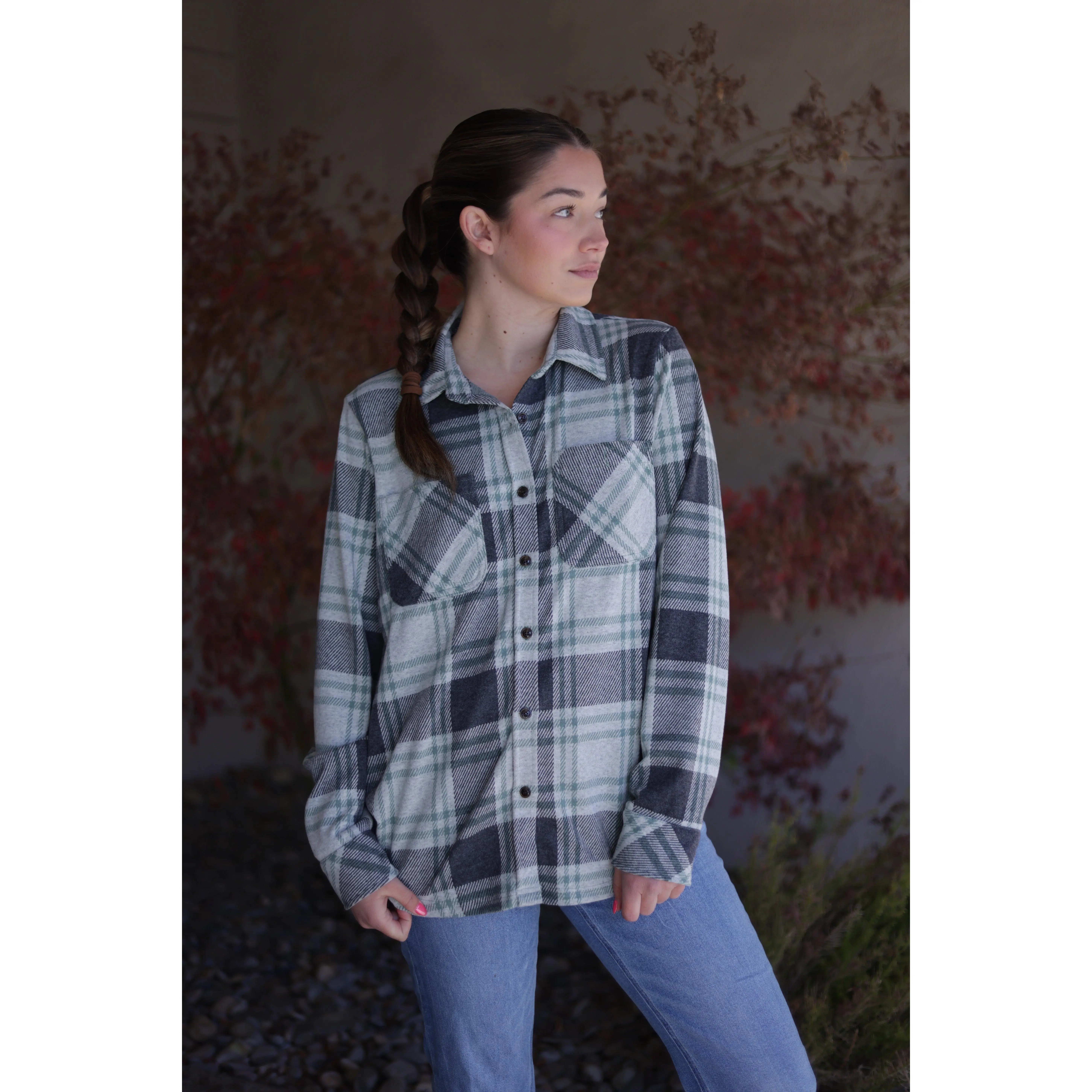 Rachel Plaid Button Up - Charcoal & Green