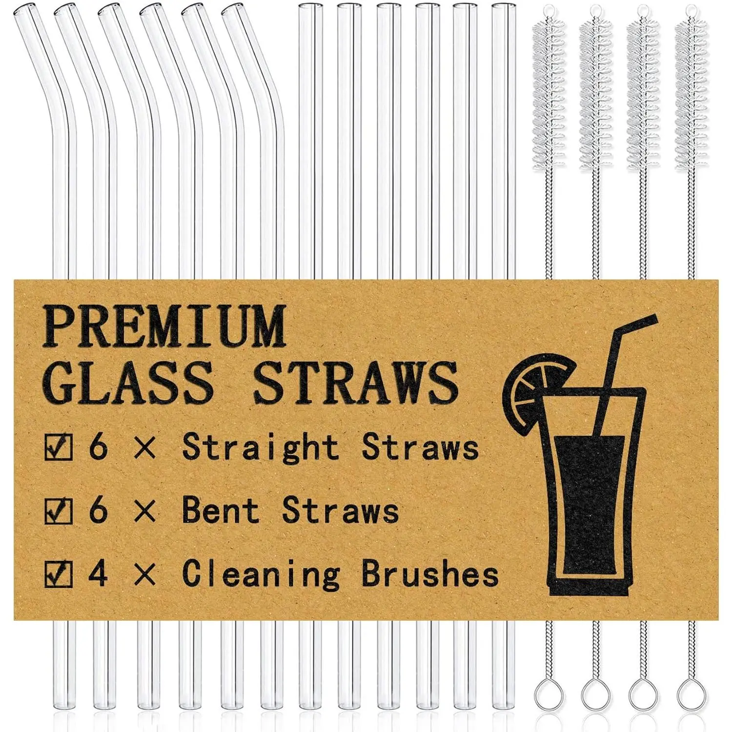 (R) 16-Pack  Glass Straws Set, Clear Glass Drinking Straws, 8.5''x10MM, Set of 6 Straight and 6 Bent with 4 Cleaning Brushes,  for Smoothies, Milkshakes, Juice,