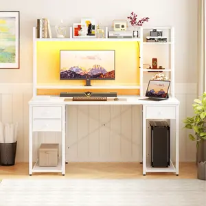 Unikito 47.2" Computer Desk with LED Lights and USB Port, 3 Fabric Drawers and Monitor Stand, Wood and Metal Frame Gaming Table for Home Office, Bedroom