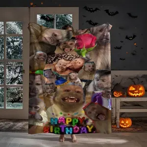 1pc Monkey Happy Birthday Collage Flannel Blanket - Soft Plush Throw with Chimpanzee & Gorilla Faces, Birthday Party Decorations - All-Season Cozy Gift for Parents, Birthday Decorations, Playful Design, Durable Material, Home Decor