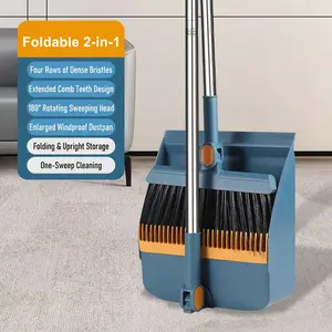 30'' Broom and Dustpan Set for Home with Scraping Teeth and Scraper, 180° Rotatable Long Handle Broom with Stand Up Dustpan Combo Set for Office Home Kitchen Lobby Floor, House Warming Gifts (Blue)