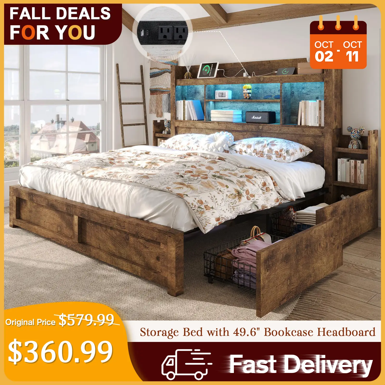[TikTokShopfalldealsforyou]【Ships in 2 Boxes】AMERLIFE Bed Frame with 49.6" Bookcase Headboard & 2 Bedside Stoage Racks & 4 Drawers, Farmhouse Wood Bed