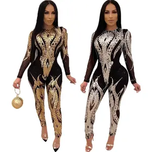 two-piece set woman New Summer Trend Pure Sequin High-grade Women's Long-sleeved See-through Jumpsuit in Stock Bodysuit Gold Crewneck Womenswear Light