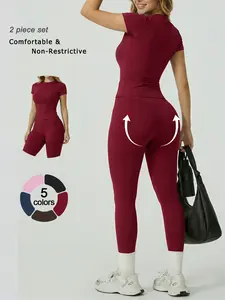 Women's 2 Piece Yoga Workout Set Crew Neck Short Sleeve Top High Waist Tummy Control Butt Lifting Leggings Solid Color Moisture Wicking Nylon Fabric 4-Way High Stretch Soft Breathable Athletic Wear for Running Gym Training Outdoor Fitness Daily Wear