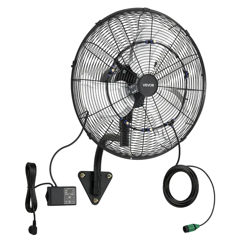 【summerfinds】VEVOR 20-in Wall Mount Fan, IP44 Rated, Oscillating Hose-Misted Boost Fan with Mist Hose Cooling, Remote, 3-Speed, 18h Timer, 0–60℃ Auto Cycle, Temperature Control, Powerful for Garage, Gym, Home Essentials