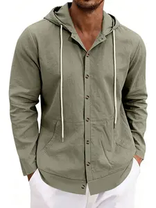 Men's Linen Hooded Shirt, Casual Tie Button Open Front Jacket, Breathable Loose Fit Summer Outerwear, Daily Commute Golf Wear