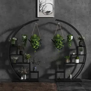 5 Tier Tall Metal Plant Shelf with Hooks, Half Moon Shape Large Plant Shelf Set of 2, Modern Flower Rack for Home Patio Lawn Garden Balcony, Heavy Duty Outdoor Plant Stand, Space Saving and Rust Resistant
