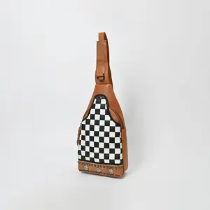 American Darling Chestnut Sling Bag Black White Checkered Panel Crossbody Style