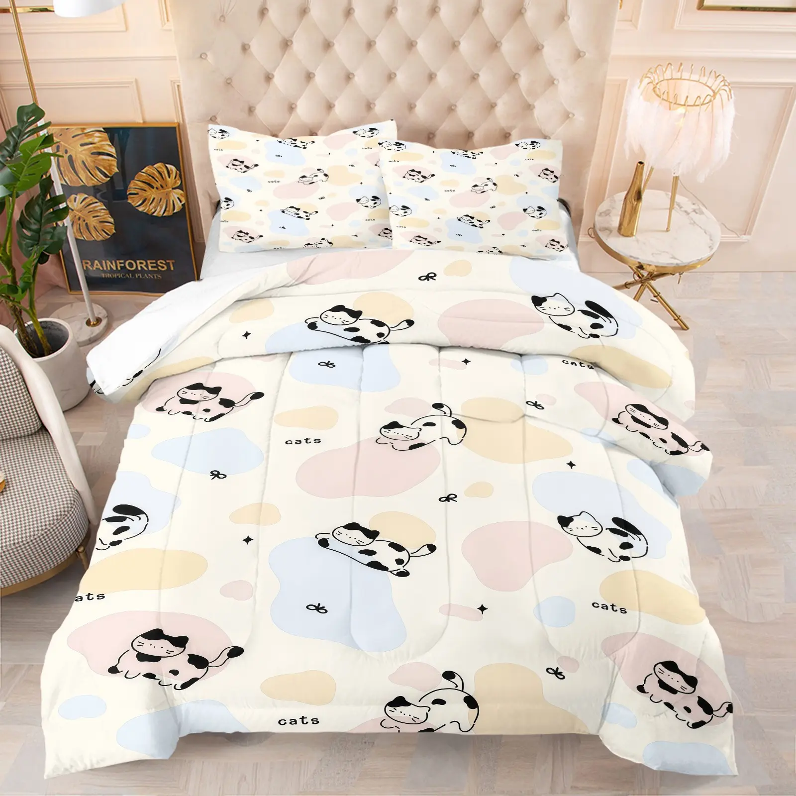 Cat Pattern Comforter Set, Soft And Comfortable Bedding Set (1 Comforter + 1/2 Pillowcase, No Pillow Core), Suitable For Teenagers, Adults, Guest Rooms, Dormitories, And Master Bedroom Scenarios
