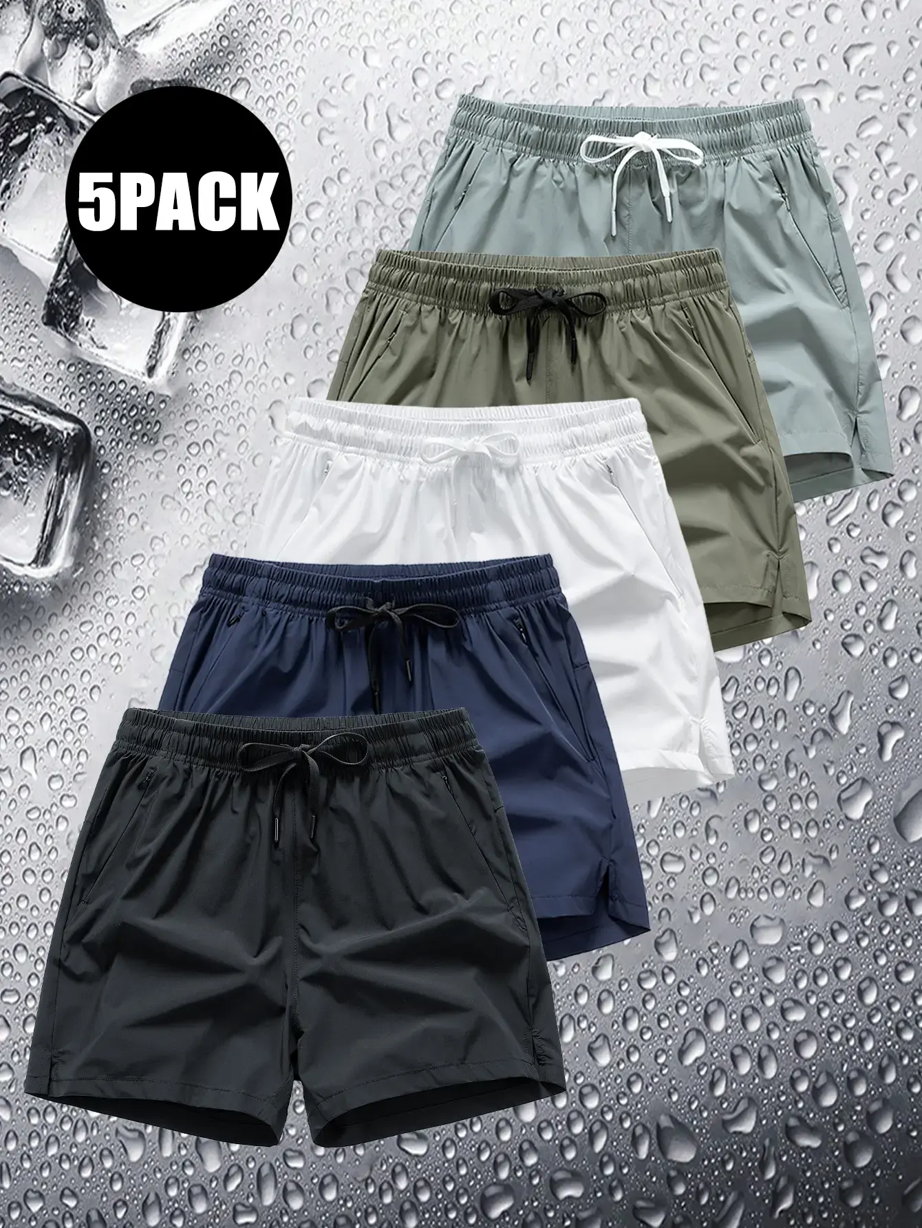 Men’s 5-pack athletic fitness shorts — quick-dry, breathable running shorts with zippered pockets; elastic athletic shorts set; lightweight for athletes; summer workouts; summer vibe