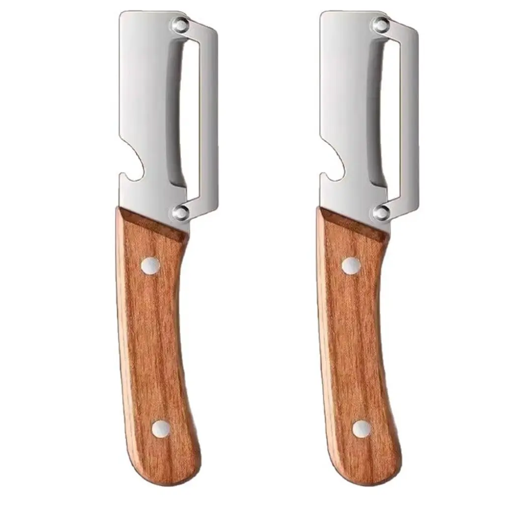 「Summervibes」2 Pcs 2-in-1 Multi Functional Vegetable Peeler with Bottle Opener and Wooden Handle Stainless Steel Blade Kitchen Tool for Sugar Cane Potato Fruit Pineapple Pumpkin Papaya Carrot Veggie Peeler