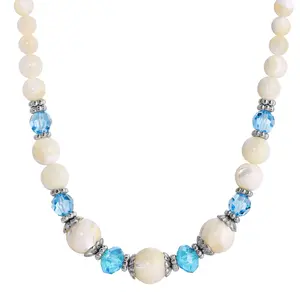 1928 Jewelry Aquamarine Crystal Mother Of Pearl Necklace 15" + 3" Extender