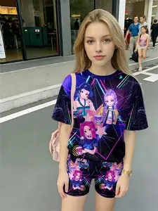 Sweet Cool Gaming Feel! Huntrx Anime Full-Print Parent-Child Matching Two-Piece Set, Casual Short Sleeve Crop Top & Shorts, All over Print Asymmetrical Design
