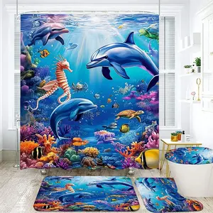 1/4pcs Vibrant Ocean-Themed Bathroom Set - Colorful Coral Reef Shower Curtain with Tropical Fish, Dolphins, and Sea Turtles - Matching Bath Mat, U-Shaped Toilet Mat, and Tank Cover for a Fresh Coastal Look in Your Modern Bathroom