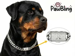 PawBling 14mm Polished Silver Stainless Steel Cuban Link Dog Collar - Fade-Resistant Heavy Duty Luxury Chain with A-Z Custom Initial Pendant, 10-30 Inch for All Dog Breeds