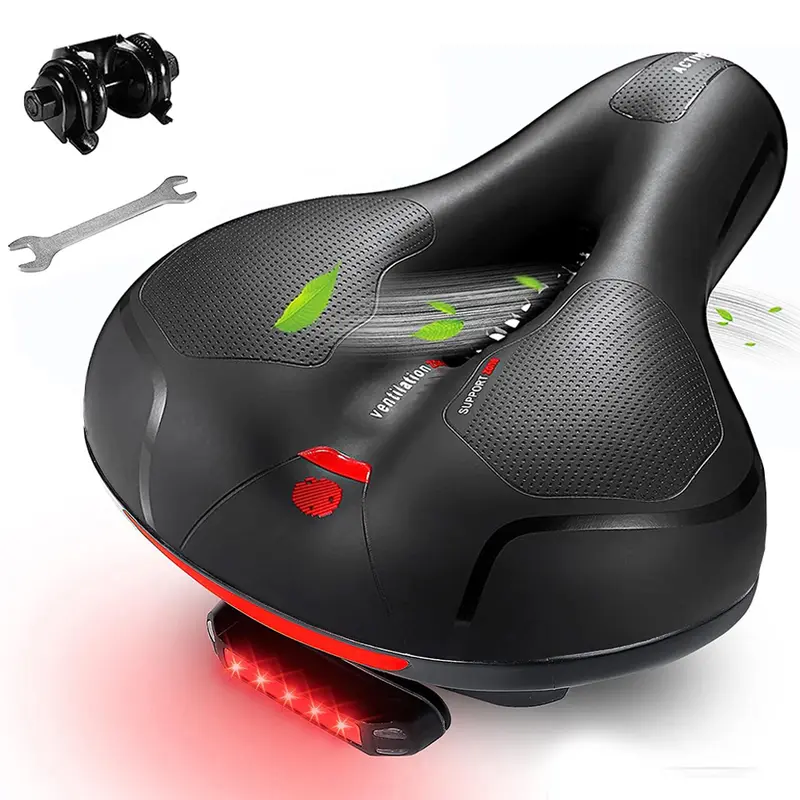Comfortable Bike Seat Cushion with LED Tail Light for Men Women, Wide Bicycle Saddle Soft Memory Foam Padded Replacement, Fit for Peloton, Exercise Bikes, Ebike,Cruiser