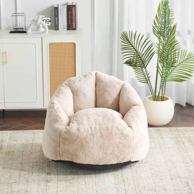 Single Person Velvet Compact Fit Bean Bag Chair - Beige, 35.50x34.00x27.50in, Curved Back, Medium Soft Fabric & Foam Seat, Moisture-Absorbing Breathable, Thick Wear-Resistant, Prolonged Comfort, Modern Minimalist, Expands After Unboxing, Living Room Use,