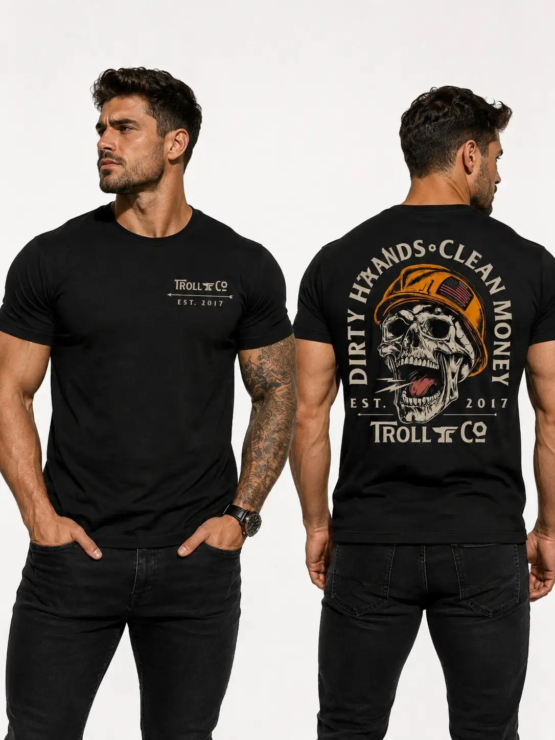 Blue Collar Dirty Hands Clean Money Graphic T Shirt, 100% Cotton Skull Hard Hat Tee, Construction Worker Electrician Lineman Welder Design, Short Sleeve Crew Neck Unisex Workwear Gift for Dad Men Women and Tradespeople