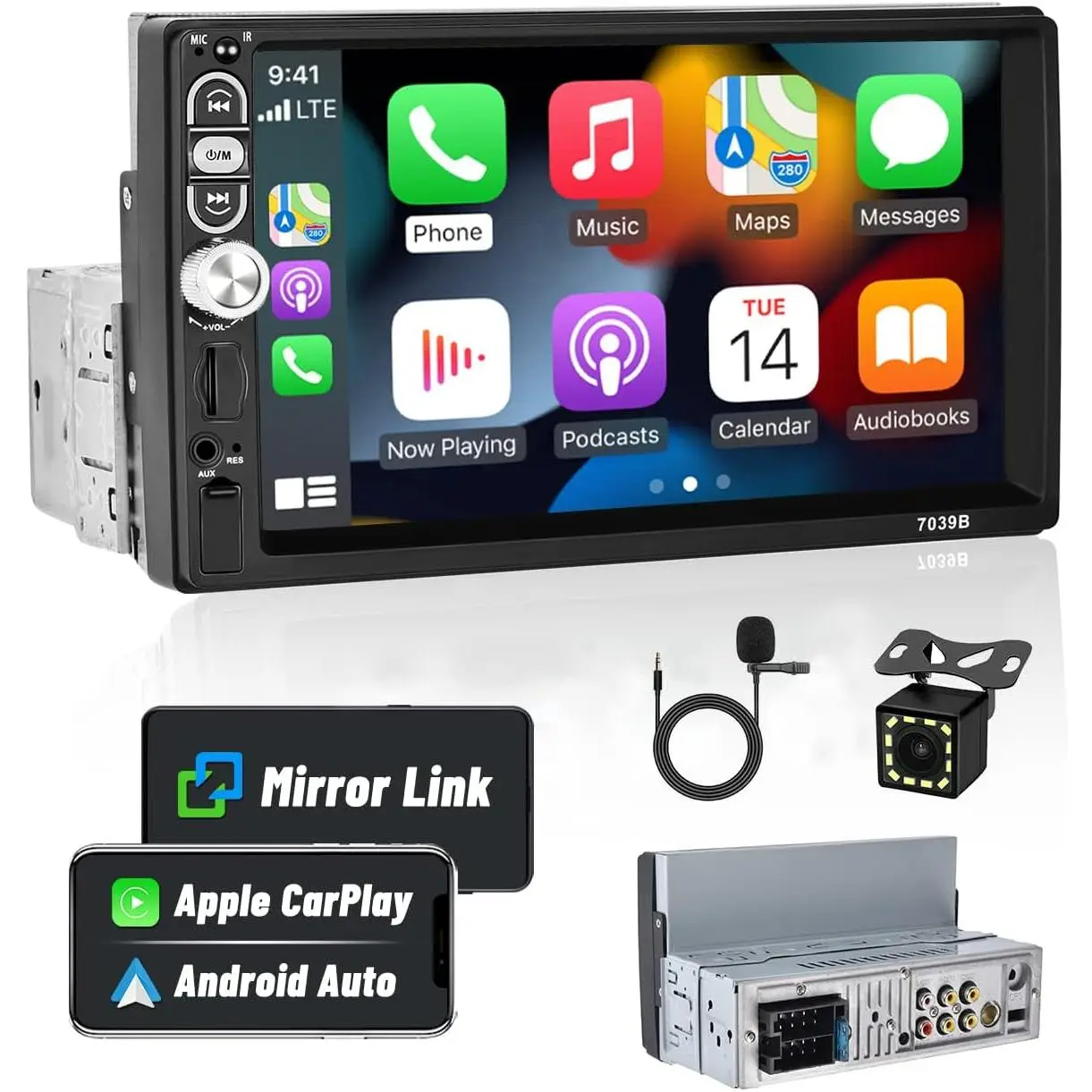 Single Din 7 Inch Car Stereo with Carplay Android Auto Bluetooth 5.1 Touchscreen Car Audio Receiver with Mirror Link FM Radio SWC USB AUX TF Card and