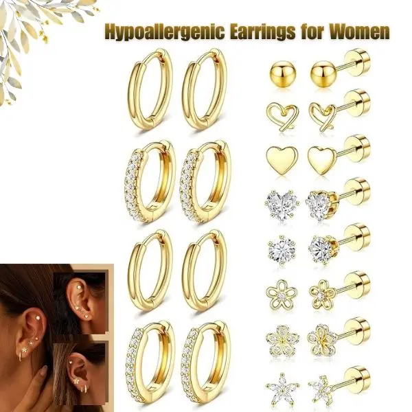 Hypoallergenic Earrings for Women, Stainless Steel Flat Back Studs, Small Huggie Hoop Earrings for Sensitive Ears, Screw Back Cartilage Jewelry