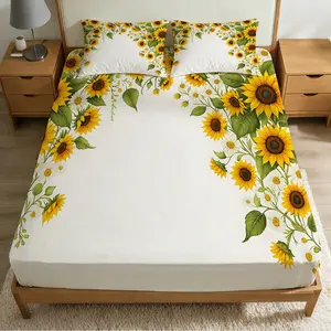 2/3Pcs Sunflower And Daisy Pattern Fitted Sheet Set(1*Fitted Sheet+1/2*Pillowcase, No Filling),High-Definition Digital Printed ,100% Polyester Fiber,Machine Washable,With Zipper,A Perfect Gift For Family And Friends All Year Round!