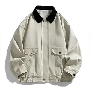 Men's Colorblock Collar Utility Jacket - Beige, Single-Breasted Casual Street Style