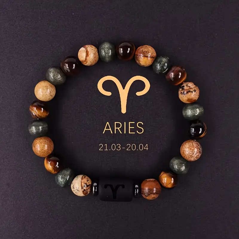 1-Piece Zodiac Natural Stone Stackable Bracelet - Tiger Eye Print, 3D Red Rose Petal Heart, Aries Symbol, Unique Workmanship, Fashionable Jewelry, Trendy Jewellery Accessories, Ceremony, Festive & Party Birthday Gift for Gifting Supplies