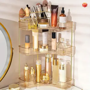2-in-1 Corner Bathroom Counter Organizer - 2-Tier/3-Tier Space-Saving Shelf with Brush Holder, Makeup & Skincare Storage, -Toned Amber, Portable Vanity/Dresser/Kitchen Shelf, Insert-Style Installation (No Tools) for Small Spaces