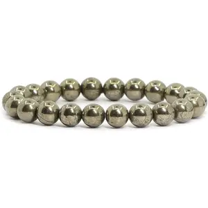 Angelstones Natural Pyrite Gemstone 8mm Round Beads Stretch Bracelet 7 Inch Unisex