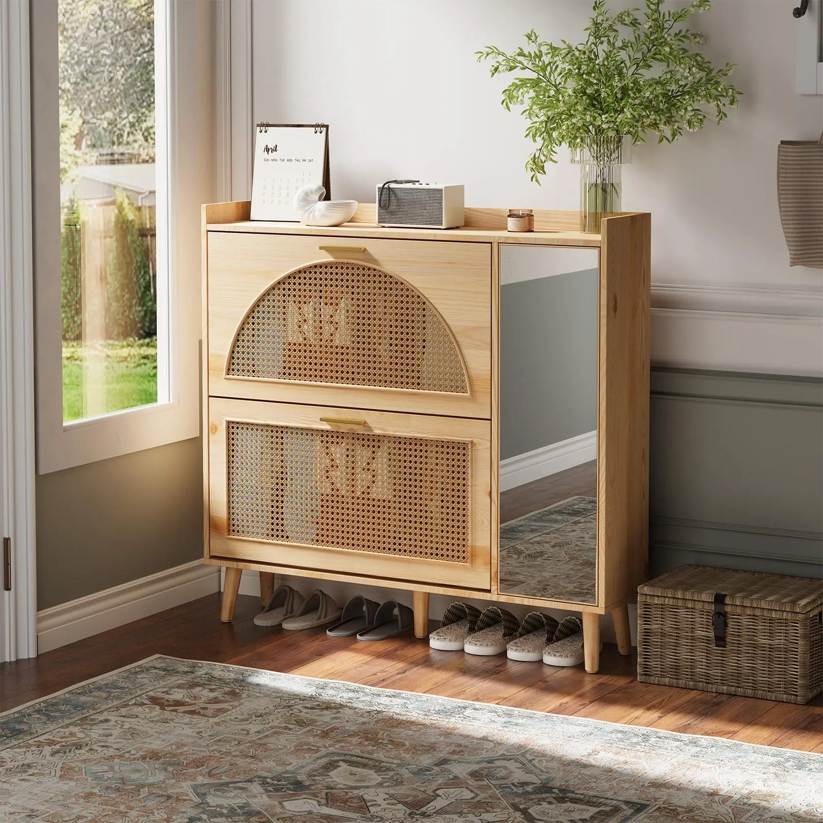 GARVEE Natural Rattan Shoe Storage Cabinet - Freestanding Organiser with 2 Flip Drawers, Mirror, Adjustable Shelves for Farmhouse Entryway Decor, Indoor Furniture, Shoes