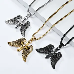 Vintage Archangel Double Wings Cross Necklace Men's Punk Hip Hop Stainless Steel Wings Cross Pendant
