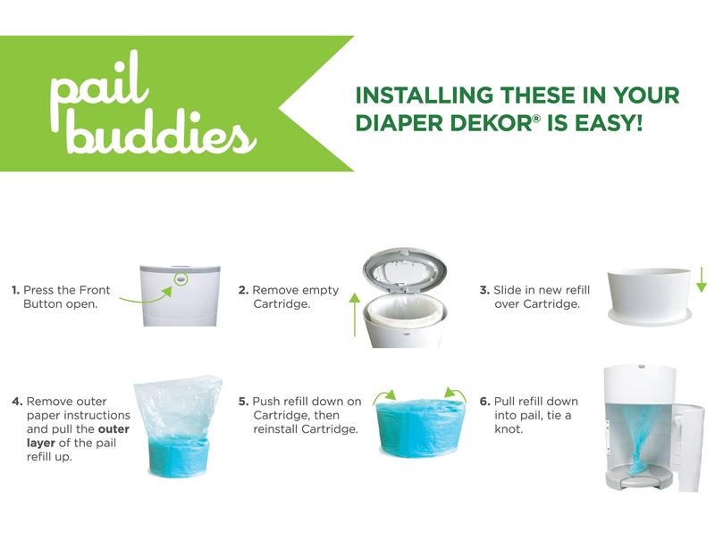 Pail Buddies Diaper Pail Refills | 6 Count Value Pack Holds 3,600 Diapers | Compatible with Dekor Plus Diaper Pail | Strong, Durable Refill Bags with Odor Eliminating Fresh Baby Powder Scent