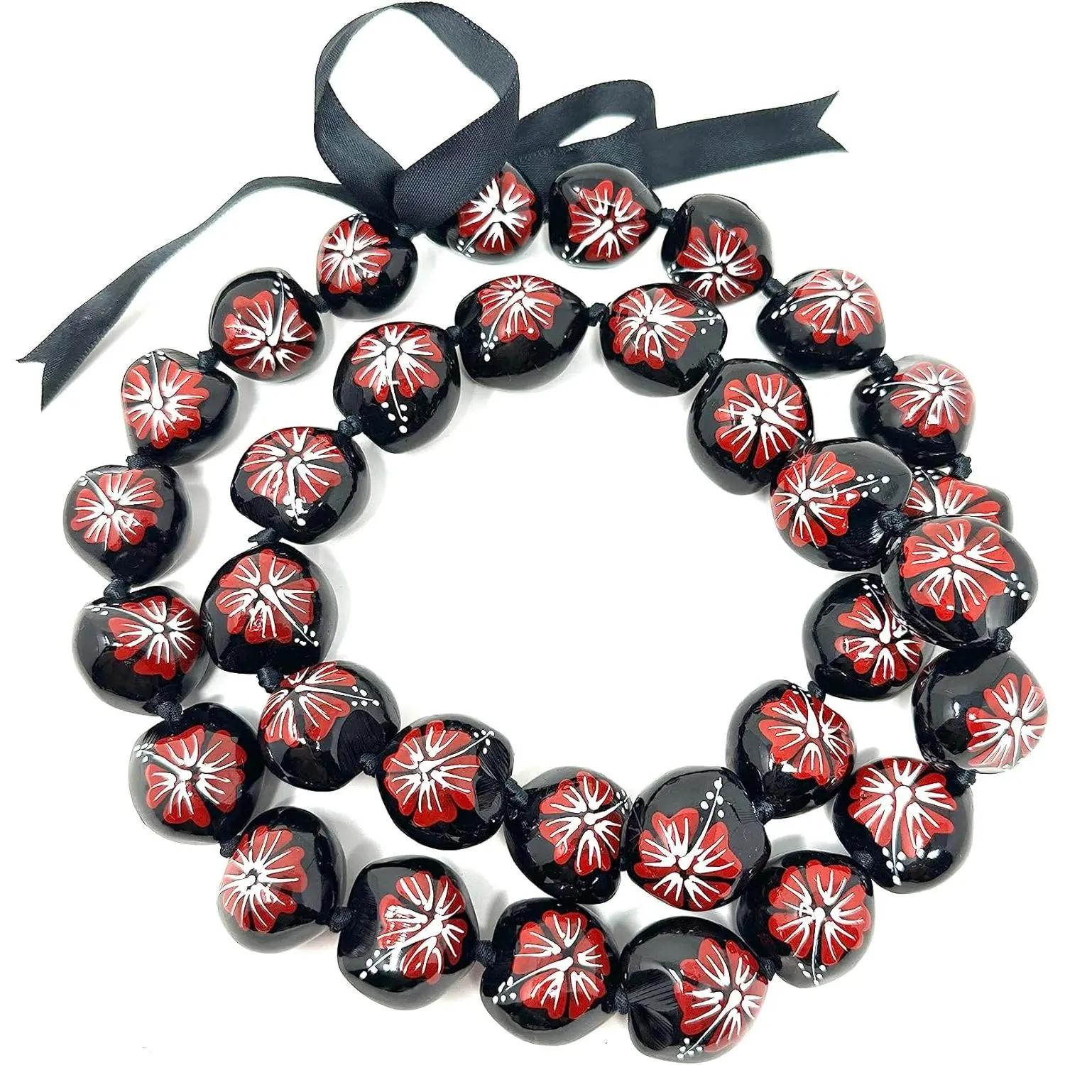Kukui Nut Leis Beads Necklaces with Hand Painted Flower Adjustable 32 Inch - Necklace for Graduation & Parties