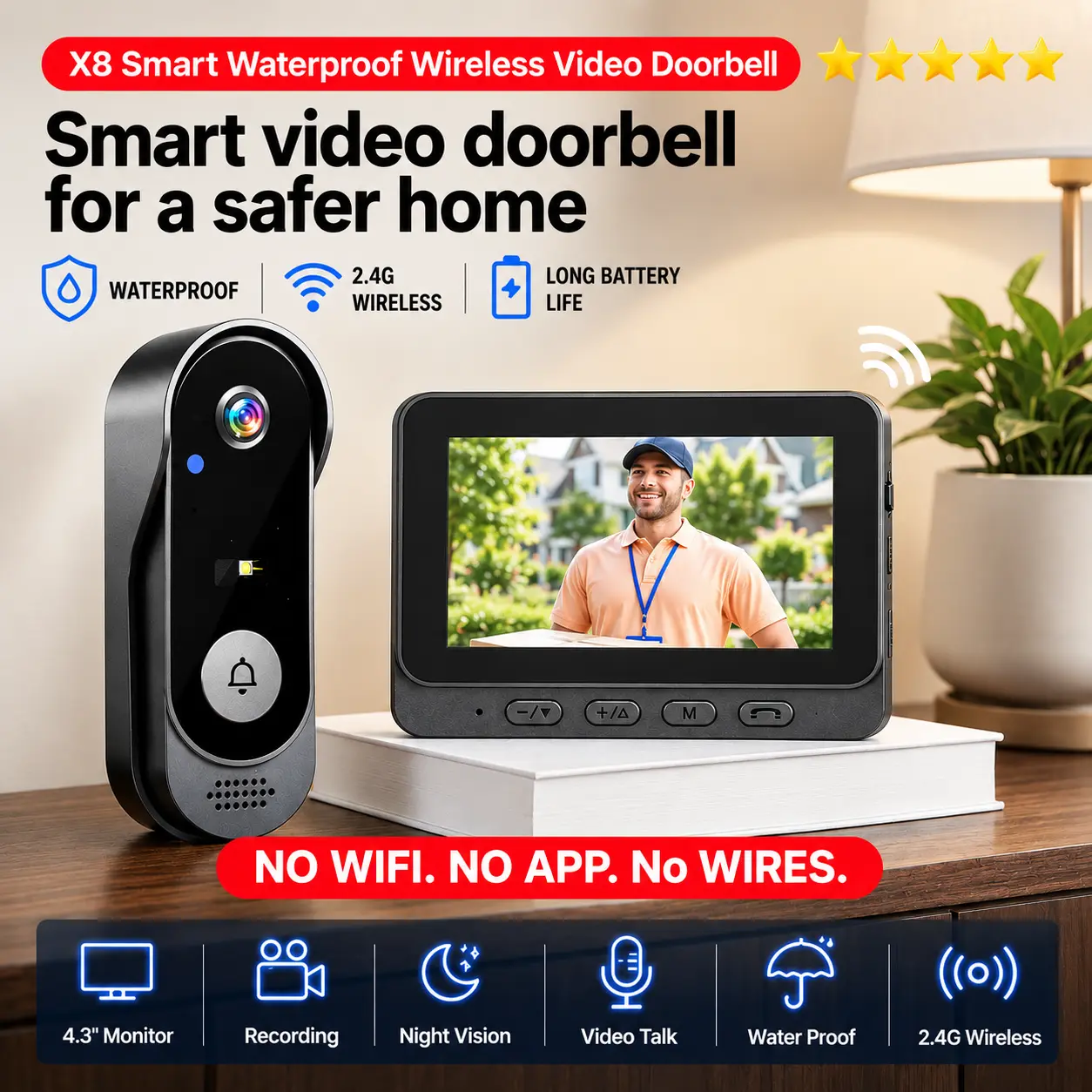 【DealsForYouDays】Wireless Video Doorbell Home Security System with 4.3-inch Display, Indoor Chime, 2.4G Wireless Connection, Outdoor Waterproof Design, Color 2-Way Talk, Night Vision, No App & No Monthly Fees, Video Intercom for Outdoors