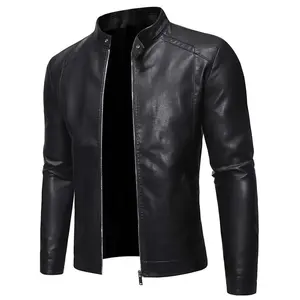 Men's winter casual PU Leather jacket, stand-up collar, zipper pocket, classic motorcycle fashion style jacket