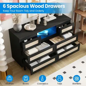 Garvee - Natural Wood Rattan Dresser with 6 Drawers and Integrated Charging Station, Modern Dresser for Farmhouse Bedroom with LED Lighting for Nursery, Living Room, and Entryway