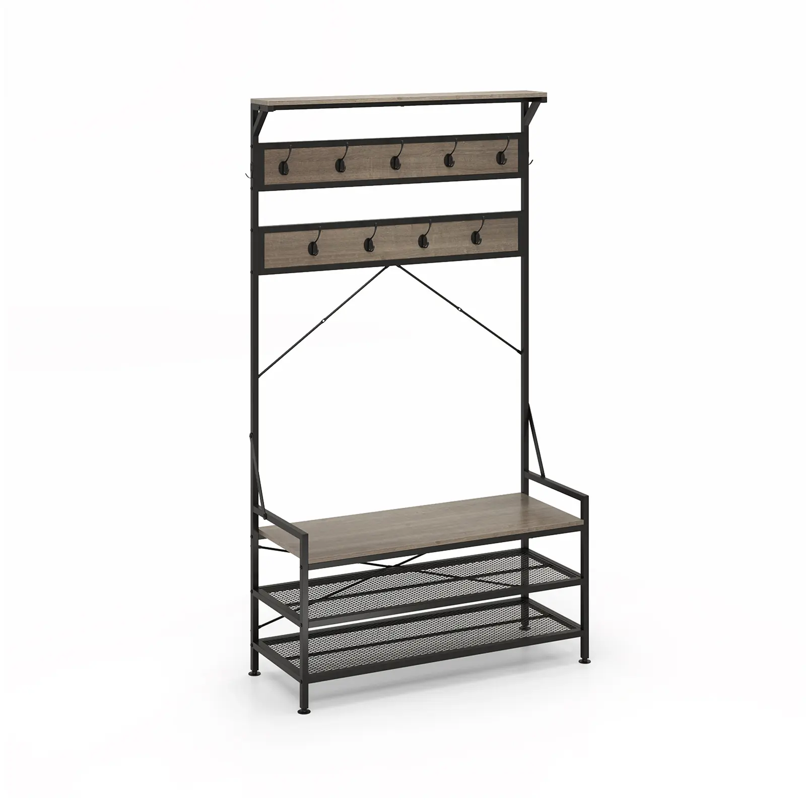COSTWAY - Coat Rack 4-In-1 Hall Tree with 11 Hanging Hooks Shoe Bench-Gray