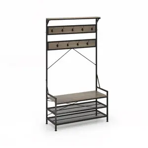 COSTWAY - Coat Rack 4-In-1 Hall Tree with 11 Hanging Hooks Shoe Bench-Gray