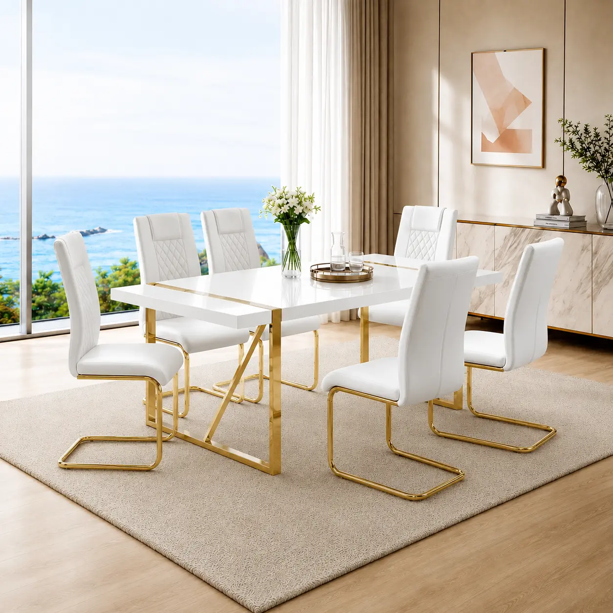 Dining Table Set of 6, White Rectangular MDF KitchenTable and Leather Dining Chairs Set of 6, 7 Piece DiningTable Set, Modern Metal Frame Dining Room Table Set 4with Metal Frame For Kitchen,dorm essentials,home decor