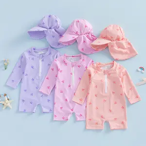 PYBCVRRD Kids Toddler Baby Girl Rash Guard Swimsuit Cute Striped Bow Printed Long Sleeve Swimwear with Hat Summer Beachwear