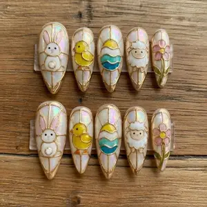 Spring Cathedral Easter Stained Glass Press On Nails, 3D Kawaii Bunny Lamb Design, Pastel Holiday Manicure, Custom Almond Nail Art Set