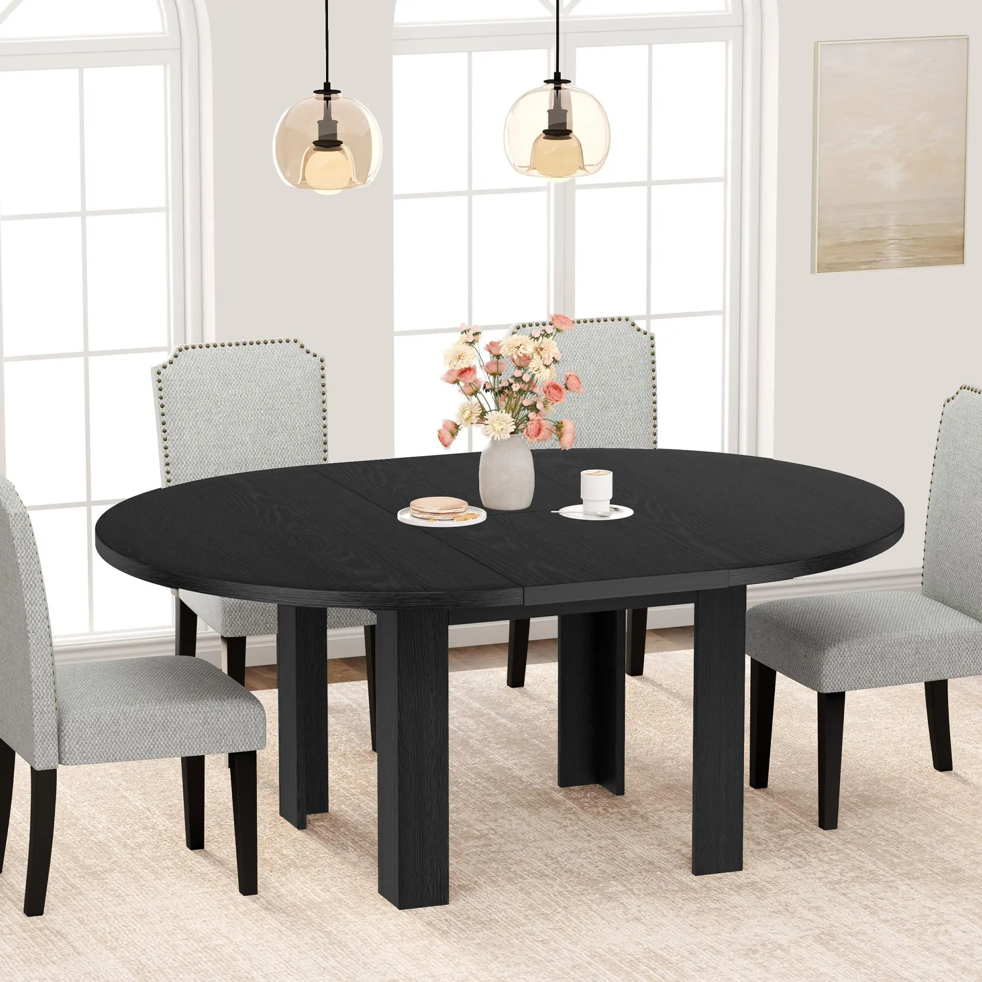 Extendable Dining Table – 47-63 in, 4-6 Seats, Black