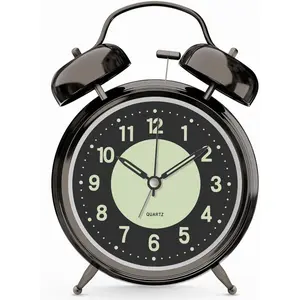 Loud  Clock for Heavy Sleepers Adults, Metal 4 Inches  Bell  Operated  Clocks for Bedrooms Decoration, Silent Non-Ticking (Black Nickel)