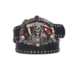 1Count Stylish Vintage Reaper Scythe Skull Western Buckle Studded Punk Men's Belt, Suitable For Daily Life, Parties, Streetwear, Nightclubs, Rock Style
