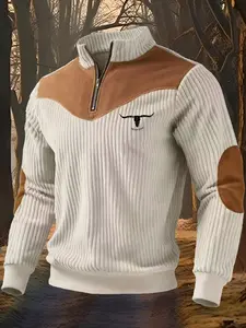 Men's Bull Head Print Stand Collar Pullover Sweater, Autumn Winter Warm Half Zip Patchwork Retro Streetwear Sporty Sweatshirt