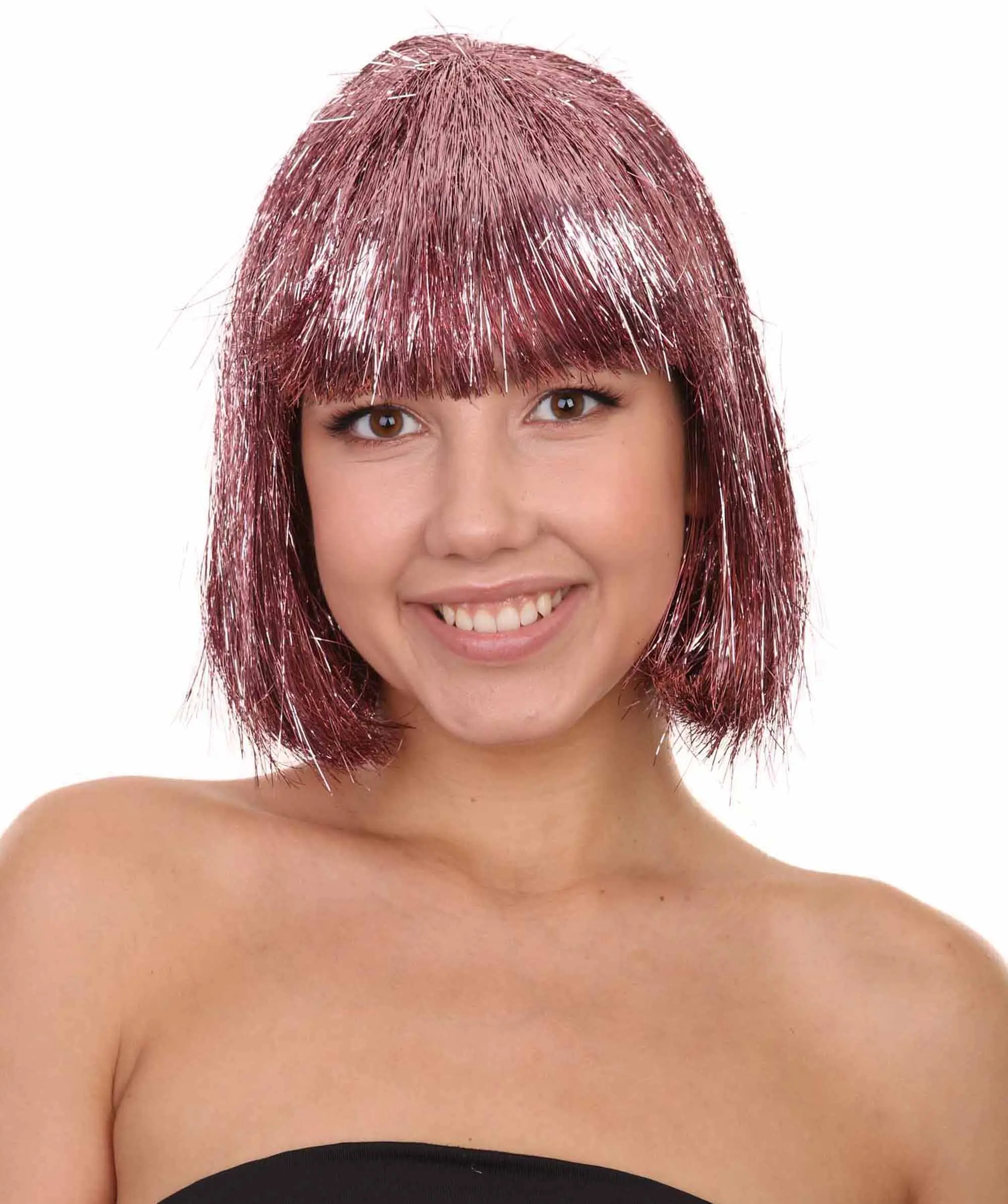 Premium Adult Women's Tinsel Bob Wig Collection – Various Color Choices , Breathable Capless Design, Flame-Retardant Synthetic Fiber, Purple