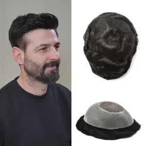 Ewigs Mens Toupee Real Human Hair Replacement System Fine Mono Hairpiece for Men Poly Skin Mens Wig Hair Pieces Unit for Man